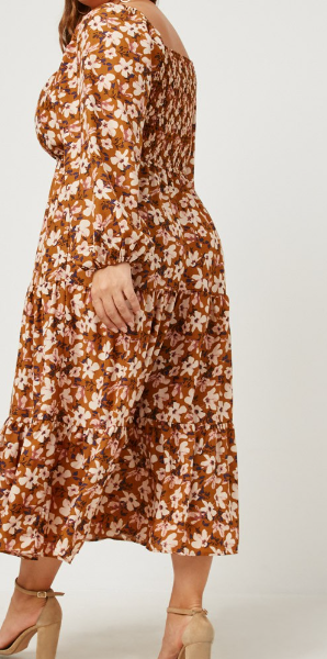 Smocked Square Neck Puff Sleeve Midi Dress