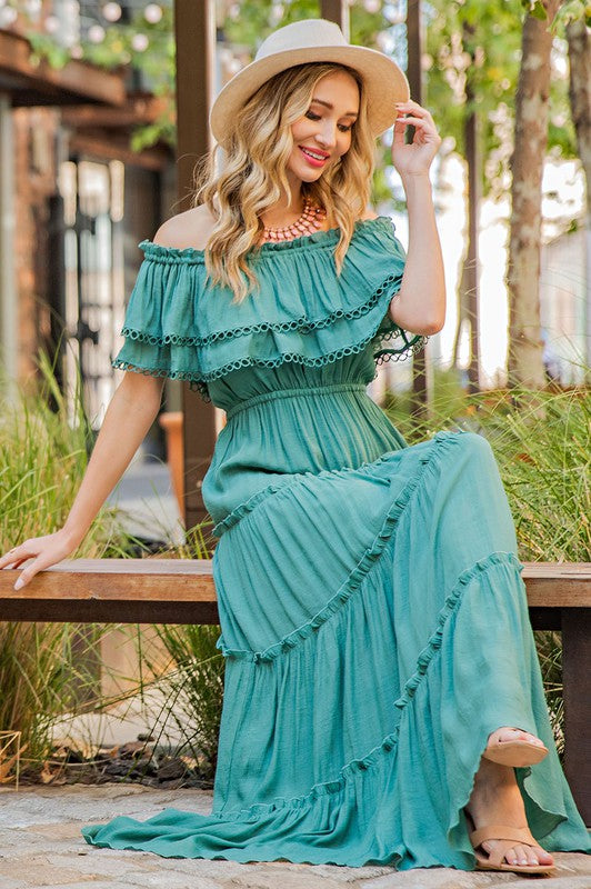 OFF THE SHOULDER RUFFLE MAXI DRESS