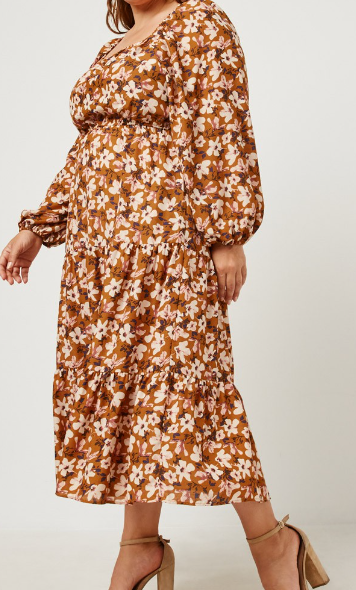 Smocked Square Neck Puff Sleeve Midi Dress