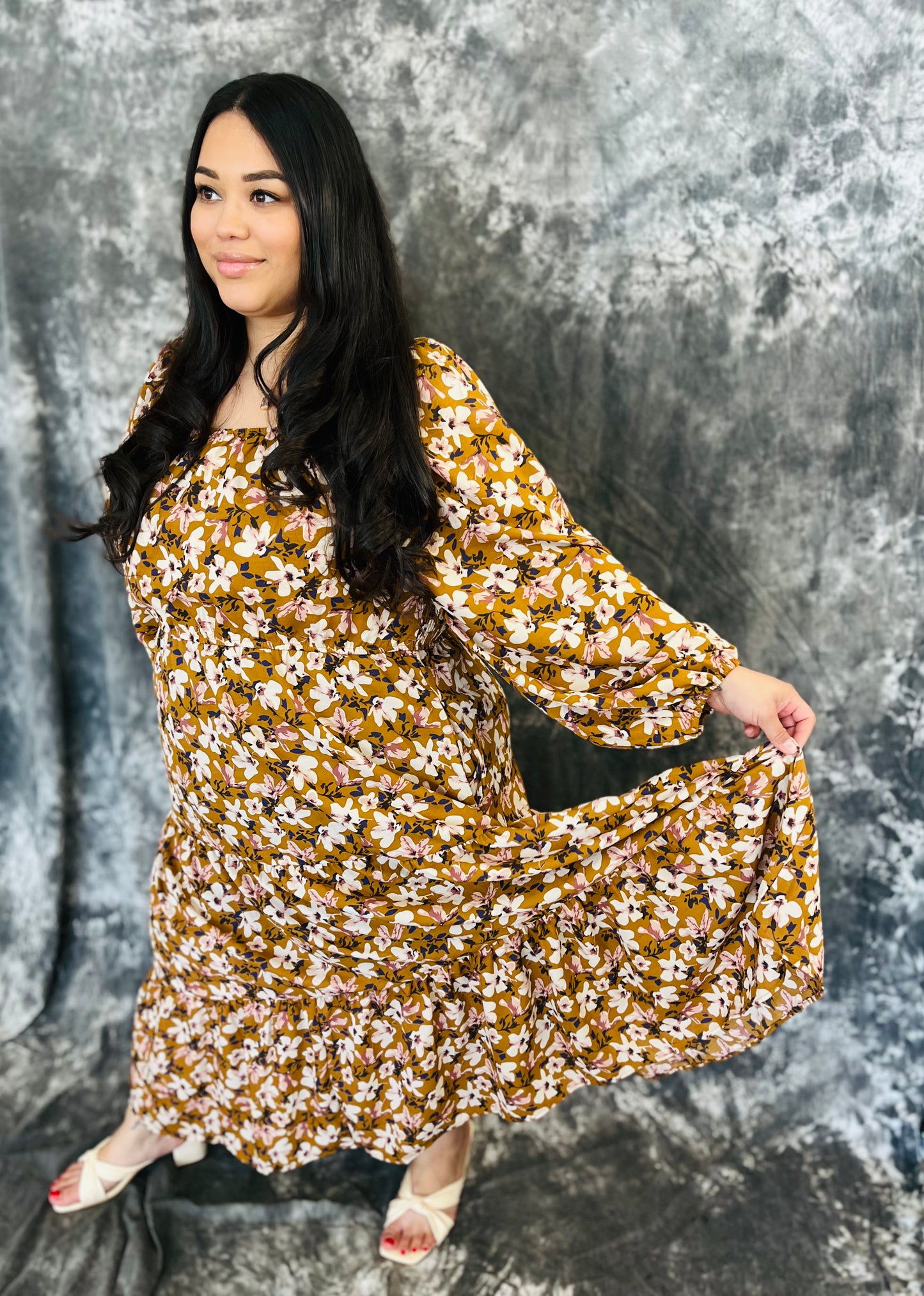 Smocked Square Neck Puff Sleeve Midi Dress