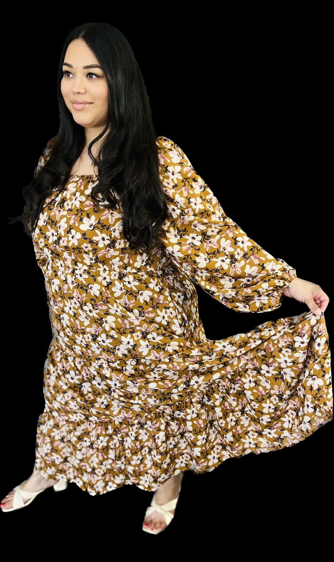 Smocked Square Neck Puff Sleeve Midi Dress